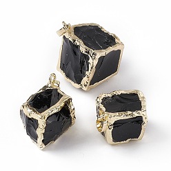 Oro Colgantes naturales de obsidiana, con colgantes de latón chapado en cremallera, cubo encantos, dorado, 25~30x20~25x14~19 mm, agujero: 3.5x5 mm