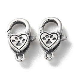 Antique Silver 925 Thailand Sterling Silver Lobster Claw Clasps, Heart with Paw Print, with 925 Stamp, Antique Silver, 12.5x7.5x3.5mm, Hole: 1.2mm