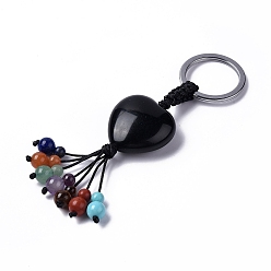 Obsidian Natural Obsidian Heart with Mixed Gemstone Tassel Keychains, with 304 Stainless Steel Ring Clasps, 8.5~9cm