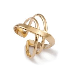 Chapado en Oro Real de 14K Revestimiento iónico (ip) 304 anillos de puño de acero inoxidable, anillo de banda ancha entrecruzado hueco para mujer, real 14 k chapado en oro, 7.5~15.5 mm, diámetro interior: 17.1 mm