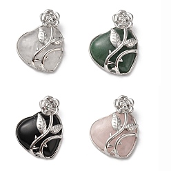 Mixed Stone Natural Mixed Gemstone Pendants, Heart Charms, with Rack Plating Platinum Tone Alloy Rose, Cadmium Free & Lead Free, 41~42x37~38x11~12mm, Hole: 5.3x5.2mm