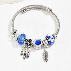Plume Bracelet européen en acier inoxydable, bracelet à breloques pour femme, plume, diamètre intérieur: 2-3/8~2-3/4 pouce (6~7 cm)