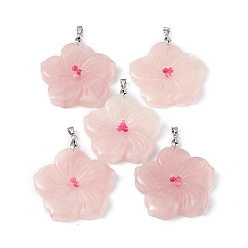 Quartz Rose Naturelle quartz rose gros pendentifs, charmes de fleur de pêcher, avec bélières en alliage plaqué platine, 57x48x9mm, Trou: 6x4mm