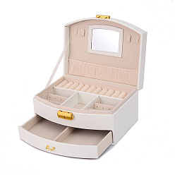 White 2-Tier Imitatoin Leather Jewelry Organizer Storage Drawer Boxes, with Mirror Inside, Rectangle, White, 20x16x10.5cm