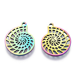 Rainbow Color Ion Plating(IP) 304 Stainless Steel Pendants, Laser Cut, Conch Charm, Rainbow Color, 20x16.5x1.5mm, Hole: 1.6mm