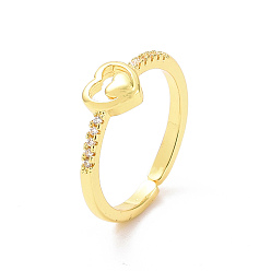 Golden Clear Cubic Zirconia Double Heart Open Cuff Ring, Brass Jewelry for Women, Golden, Inner Diameter: 17.2mm