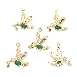 Green Real 18K Gold Plated Brass Micro Pave Cubic Zirconia Pendants, Long-Lasting Plated, Bird, Green, 30x28x5mm, Hole: 3.5mm