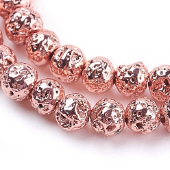 Rose Gold Plated Electroplated Natural Lava Rock Beads Strands, Round, Bumpy, Rose Gold Plated, 6~7mm, Hole: 1mm, about 66pcs/strand, 15.35 inch(39cm)