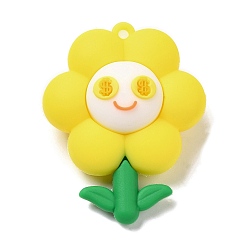 Amarillo Colgantes grandes de plástico pvc, charm flor con carita sonriente, amarillo, 52.5x41x21 mm, agujero: 3 mm