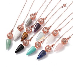 Mixed Stone Mixed Gemstone Dowsing Pendulum Big Pendants, with Rack Plating Rose Gold Tone Brass Findings, Cadmium Free & Lead Free, Cone, 244x2.5mm, Hole: 1.6mm