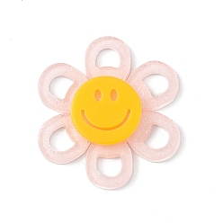 Pink Acrylic Cabochons, with Glitter Powder, Flower with Smiling Face, Pink, 37x4.5mm