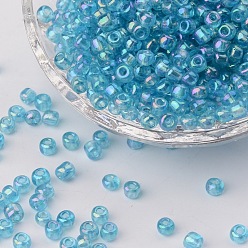 Aqua 8/0 Round Glass Seed Beads, Transparent Colours Rainbow, Round Hole, Aqua, 8/0, 3mm, Hole: 1mm, about 1111pcs/50g, 50g/bag, 18bags/2pounds