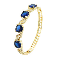 Medium Blue Cubic Zirconia Flat Round & Leaf Hinged Bangle, Real 18K Gold Plated Brass Jewelry for Women, Medium Blue, Inner Diameter: 2x2-3/8 inch(5.2x6cm)