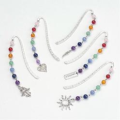 Antique Silver Tibetan Style Alloy Bookmarks, with Mixed Gemstone Beads, Chakra Theme, Mixed Shapes, Antique Silver, 83.5x13x1.5mm