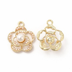 Golden ABS Plastic Imitation Pearl Pendants, with Alloy Findings, Flower Charm, Golden, 22.5x18.5x7.5mm, Hole: 2.5mm