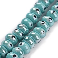 Turquoise Moyen Brins de perles de porcelaine faites à la main, boulier aux mauvais yeux, turquoise moyen, 8.5x5mm, Trou: 1.5mm, Environ 55 pcs/chapelet, 11.57'' (29.4 cm)