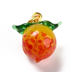 Matte Gold Color Handmade Lampwork Pendants, with Brass Findings, Cadmium Free & Lead Free, Peach, Matte Gold Color, 15~16x14.5~15.5x10.5mm, Hole: 3mm