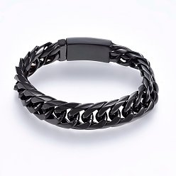 Gunmetal 304 Stainless Steel Curb Chains Bracelets, with Box Clasps, Faceted, Gunmetal, 9-1/2 inch(24cm), 16x5.5mm