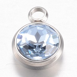 Lavender 304 Stainless Steel Glass Rhinestone Charms, Faceted, Flat Round, Lavender, 14x10x7mm, Hole: 2.5mm