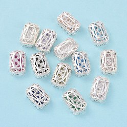 Mixed Color Eco-friendly Brass Micro Pave Cubic Zirconia Multi-strand Links, Rack Plating, Cadmium Free & Lead Free, Rectangle Octagon, Silver Color Plated, Mixed Color, 14x10x5mm, Hole: 1.4mm
