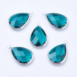 Teal Silver Color Plated Brass Glass Teardrop Pendants, Faceted, Teal, 18x10x5mm, Hole: 2mm