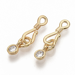 Real 18K Gold Plated Brass Micro Pave Clear Cubic Zirconia Hook and S-Hook Clasps, with Jump Rings, Nickel Free, Real 18K Gold Plated, Hook: 13.5x4.5x1.5mm, Hole: 1.2mm, 2.5mm Inner Diameter, Charms: 6.5x4x2mm, Hole: 1mm, Jump Ring: 5x0.8mm.