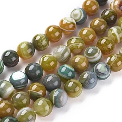Olive Natural Striped Agate/Banded Agate Beads Strands, Dyed & Heated, Round, Olive, 8mm, Hole: 1.2mm, about 47pcs/strand, 14.96 inch(38cm)
