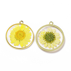 Yellow Transparent Clear Epoxy Resin Pendants, with Edge Golden Plated Alloy Loops, Flat Round Charms with Inner Flower, Yellow, 32.3x29.5x3.2mm, Hole: 2mm