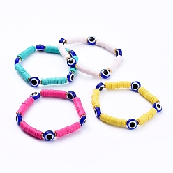 Mixed Color Evil Eye Stretch Bracelets, Handmade Polymer Clay Heishi Beads Stretch Bracelets, with Resin Beads and Alloy Spacer Beads, Mixed Color, 2-1/2 inch(6.3cm)