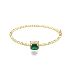 Green Cubic Zirconia Square Hinged Bangle, Real 18K Gold Plated Brass Jewelry for Women, Green, Inner Diameter: 2x2-3/8 inch (4.95x5.9cm)