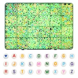 Mixed Color 1350Pcs 27 Style Acrylic Beads, Glow in the Dark, with Enamel and Luminous, Horizontal Hole, Flat Round with Alphabet & Heart, Mixed Color, 6.5~7x3.5~4mm, Hole: 1.2~1.6mm, 50pcs/style