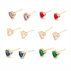 Mixed Color Cubic Zirconia Heart Stud Earrings, Real 18K Gold Plated Brass Jewelry for Women, Lead Free & Cadmium Free, Mixed Color, 6.5x6mm, Pin: 1mm