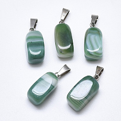 Green Natural Banded Agate/Striped Agate Pendants, Dyed, with Stainless Steel Snap On Bails, Cuboid, Stainless Steel Color, Green, 20~23x9~13x9~13mm, Hole: 3~4x7~8.5mm