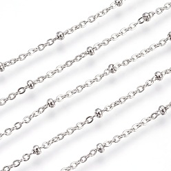 Couleur Acier Inoxydable 304 chaînes de câbles en acier inoxydable, chaînes satellites, avec des perles de rondelle, soudé, Ovale Plat, couleur inox, lien: 2.5x2x0.5 mm, perle: 2.5x1.5 mm