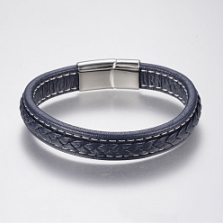 Marine Blue Braided Leather Cord Bracelets, with 304 Stainless Steel Magnetic Clasps, Marine Blue, 8-5/8 inch(220mm), 29x14x8mm