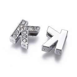 Letter K Alloy Initial Slide Charms with Grade A Rhinestones, Lead Free & Nickel Free, Platinum, Letter.K, 12.5x10x4.5mm, Hole: 8x2mm