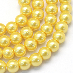 Oro Bicarbonato de vidrio pintado nacarado perla hebras grano redondo, oro, 6~7 mm, agujero: 1 mm, sobre 145 unidades / cadena, 31.4 pulgada
