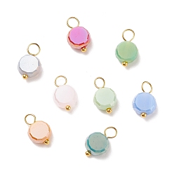 Mixed Color Electroplate Opaque Glass Charms, with Golden Plated Brass Loops, Flat Round, Mixed Color, 12.5~13x8x4mm, Hole: 3~3.5mm
