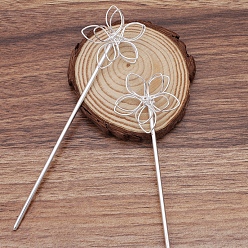 Argent Accessoires de bâton de cheveux en fer, avec des épingles de fer, fleur, argenterie, 135x35x12mm