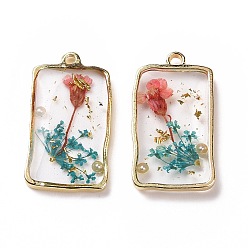 Dark Cyan Transparent Clear Epoxy Resin Pendants, with Edge Golden Plated Alloy Loops, Rectangle Charms with Inner Flower, Dark Cyan, 26x14.5x3mm, Hole: 2mm