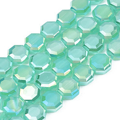 Turquoise Electroplate Glass Beads Strands, Imitation Jade Beads, AB Color Plated, Faceted, Octagon, Turquoise, 7~8x7~8x4mm, Hole: 1.2mm, about 72pcs/strand, 20.47 inch(52cm)