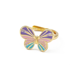 Фиолетовый Регулируемое кольцо с эмалевой бабочкой, настоящие позолоченные украшения из латуни для женщин, без свинца и без кадмия, фиолетовые, внутренний диаметр: 18 мм