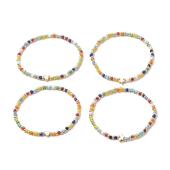 Golden Glass Seed Bead Beaded Bracelets for Women, Brass Beads Stretch Bracelets, Golden, Inner Diameter: 2-1/8 inch(5.5cm)