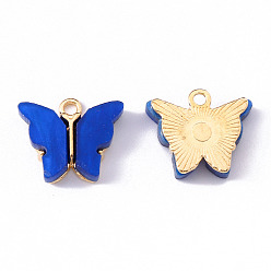 Azul Colgantes de acrílico de aleación, mariposa, la luz de oro, azul, 14x16.5x3 mm, agujero: 1.6 mm