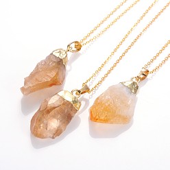 Citrine Natural Raw Rough Citrine Pendant Necklaces, with Brass Chains and Spring Ring Clasps, 18 inch