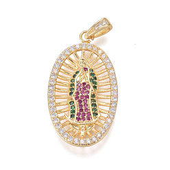 Golden Religion Theme Brass Micro Pave Cubic Zirconia Pendants, Lady of Guadalupe Charms, Oval with Virgin Mary, Colorful, Golden, 31.5x17.5x3mm, Hole: 2.5x4mm