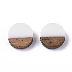 White Resin & Wood Cabochons, Flat Round, White, 10x2.5~4mm