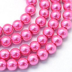 Rosa Caliente Hornear cristales de perlas de vidrio pintado, pearlized, rondo, color de rosa caliente, 3~4 mm, agujero: 0.5 mm, sobre 195 unidades / cadena, 23.6 pulgada