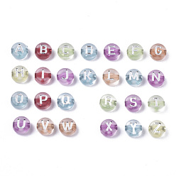 Mixed Color Transparent Acrylic Beads, Horizontal Hole, Flat Round with Silver Plated Letter, Mixed Color, 7x4mm, Hole: 1.5mm, about 3700pc/500g