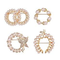 Golden 4Pcs 4 Style Butterfly & Leaf Plastic Imitation Pearl Beads Brooch, with Alloy Findings, Golden, 32~44x32~48x5.5~8mm, 1pcs/style